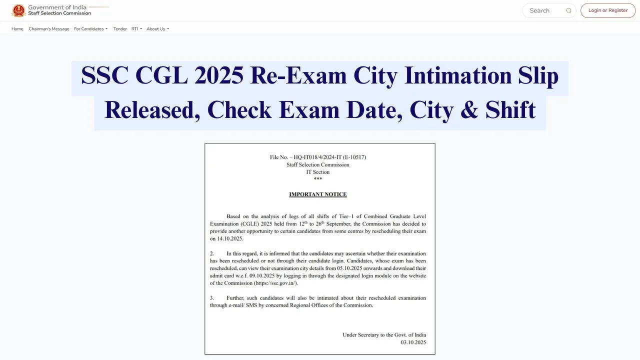 SSC CGL 2025 Re-Exam City Intimation Slip