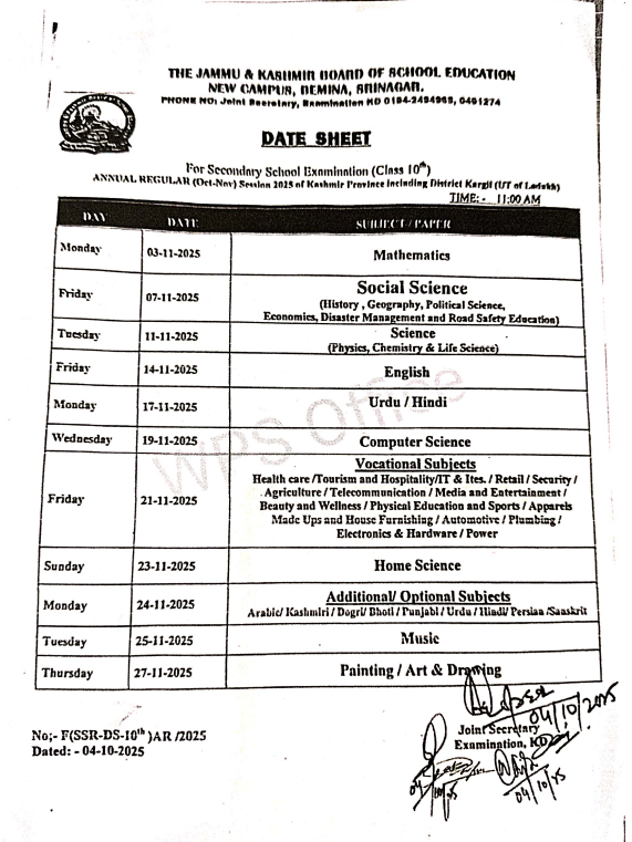 JKBOSE Class 10th Date Sheet 2025