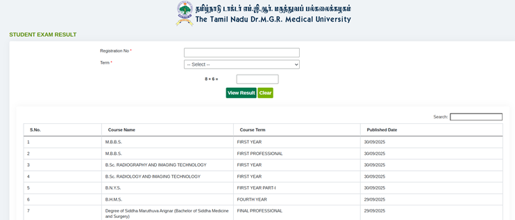 Dr MGR Medical University Result 2025